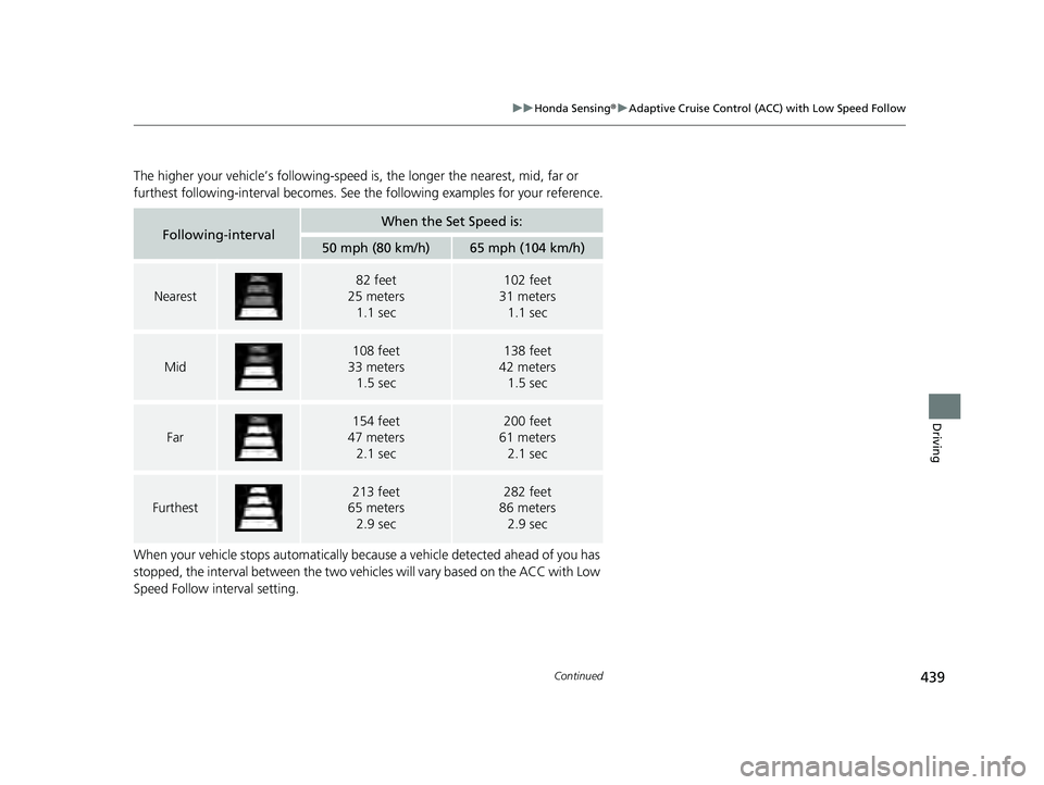 HONDA ACCORD HYBRID 2023 Owners Manual 439
uuHonda Sensing ®u Adaptive Cruise Control (ACC) with Low Speed Follow
Continued
Driving
The higher your vehicle’s following-speed is, the longer the nearest, mid, far or
furthest following-i HONDA ACCORD HYBRID 2023 Owners Manual 439
uuHonda Sensing ®u Adaptive Cruise Control (ACC) with Low Speed Follow
Continued
Driving
The higher your vehicle’s following-speed is, the longer the nearest, mid, far or
furthest following-i