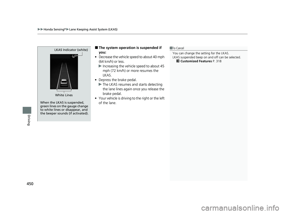 HONDA ACCORD HYBRID 2023  Owners Manual uuHonda Sensing ®u Lane Keeping Assist System (LKAS)
450
Driving
■The system operation is suspended if 
you:
• Decrease the vehicle speed to about 40 mph 
(64 km/h) or less.
u Increasing the vehi