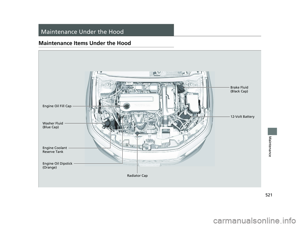 HONDA ACCORD HYBRID 2023 Owners Manual 521
Maintenance
Maintenance Under the Hood
Maintenance Items Under the Hood
Brake Fluid
(Black Cap)
Engine Coolant
Reserve Tank Radiator Cap
Washer Fluid
(Blue Cap) Engine Oil Fill Cap
12-Volt Batt HONDA ACCORD HYBRID 2023 Owners Manual 521
Maintenance
Maintenance Under the Hood
Maintenance Items Under the Hood
Brake Fluid
(Black Cap)
Engine Coolant
Reserve Tank Radiator Cap
Washer Fluid
(Blue Cap) Engine Oil Fill Cap
12-Volt Batt