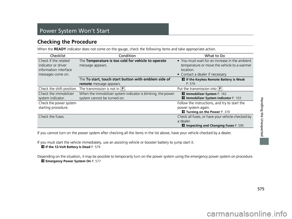 HONDA ACCORD HYBRID 2023  Owners Manual 575
Handling the Unexpected
Power System Won’t Start
Checking the Procedure
When the READY indicator does not come on the gauge, check th e following items and take appropriate action.
If you cannot