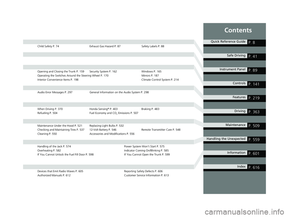 HONDA ACCORD HYBRID 2023  Owners Manual Contents
Child Safety P. 74Exhaust Gas Hazard P. 87Safety Labels P. 88
Opening and Closing the Trunk P. 159 Security System P. 162 Windows P. 165
Operating the Switches Around the Steering Wheel P. 17