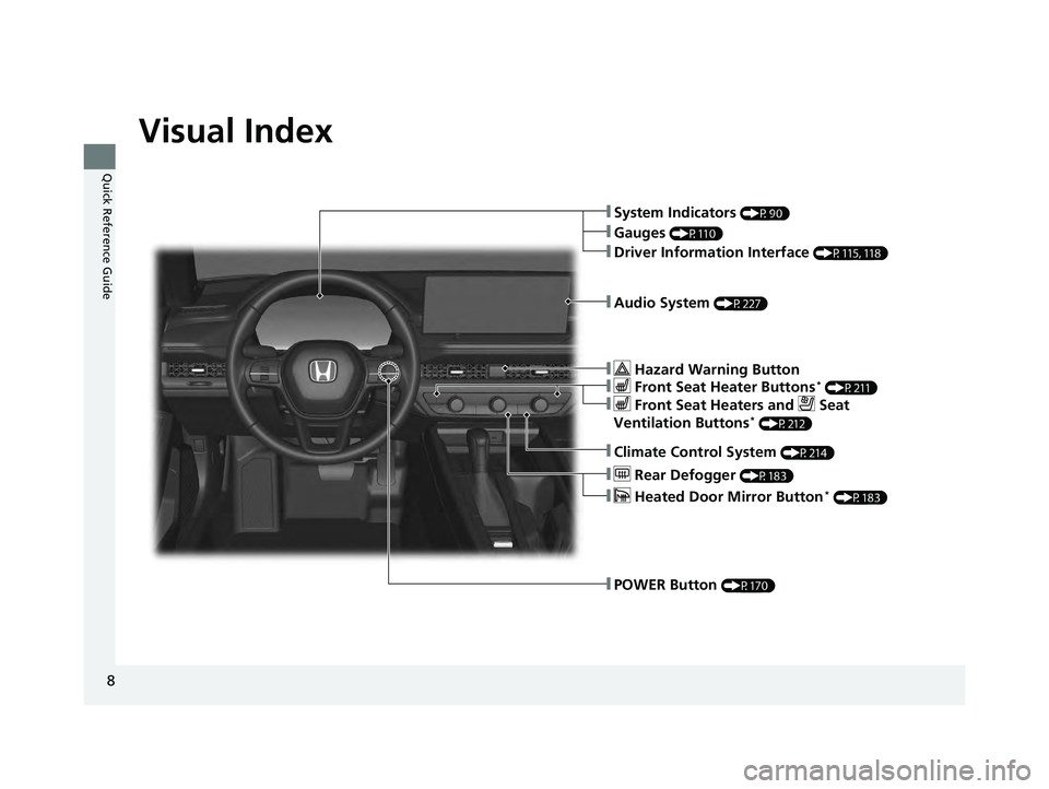HONDA ACCORD HYBRID 2023 Owners Manual 8
Quick Reference Guide
Quick Reference Guide
Visual Index
❚POWER Button (P170)
❚Climate Control System (P214)
❚ Hazard Warning Button
❚System Indicators (P90)
❚Gauges (P110)
❚Audio System HONDA ACCORD HYBRID 2023 Owners Manual 8
Quick Reference Guide
Quick Reference Guide
Visual Index
❚POWER Button (P170)
❚Climate Control System (P214)
❚ Hazard Warning Button
❚System Indicators (P90)
❚Gauges (P110)
❚Audio System