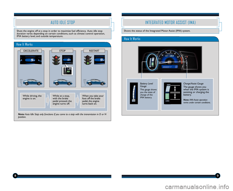 HONDA CIVIC HYBRID 2011 8.G Technology Reference Guide 89
AUTO IDLE STOP
Shuts the engine off at a stop in order to maximize fuel efficiency\b Auto idle stop
duration varies depending on certain conditions, such as climate control operation,
IMA battery l HONDA CIVIC HYBRID 2011 8.G Technology Reference Guide 89
AUTO IDLE STOP
Shuts the engine off at a stop in order to maximize fuel efficiency\b Auto idle stop
duration varies depending on certain conditions, such as climate control operation,
IMA battery l