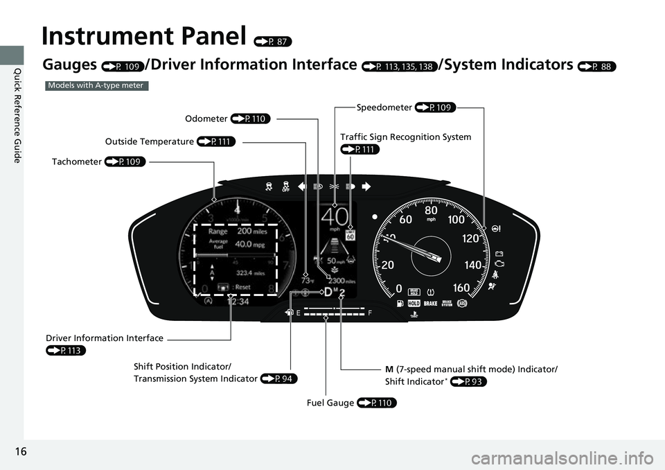 HONDA CIVIC 2022 User Guide 16
Quick Reference Guide
Instrument Panel (P 87)
Gauges (P 109)/Driver Information Interface (P 113, 135, 138)/System Indicators (P 88)
M  (7-speed manual shift mode) Indicator/
Shift Indicator
* (P93