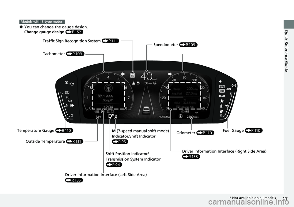 HONDA CIVIC 2022 User Guide 17
Quick Reference Guide
M (7-speed manual shift mode) 
Indicator/Shift Indicator 
(P93)
●You can change the gauge design.
Change gauge design  (P152)
Models with B-type meter
Shift Position Indicat