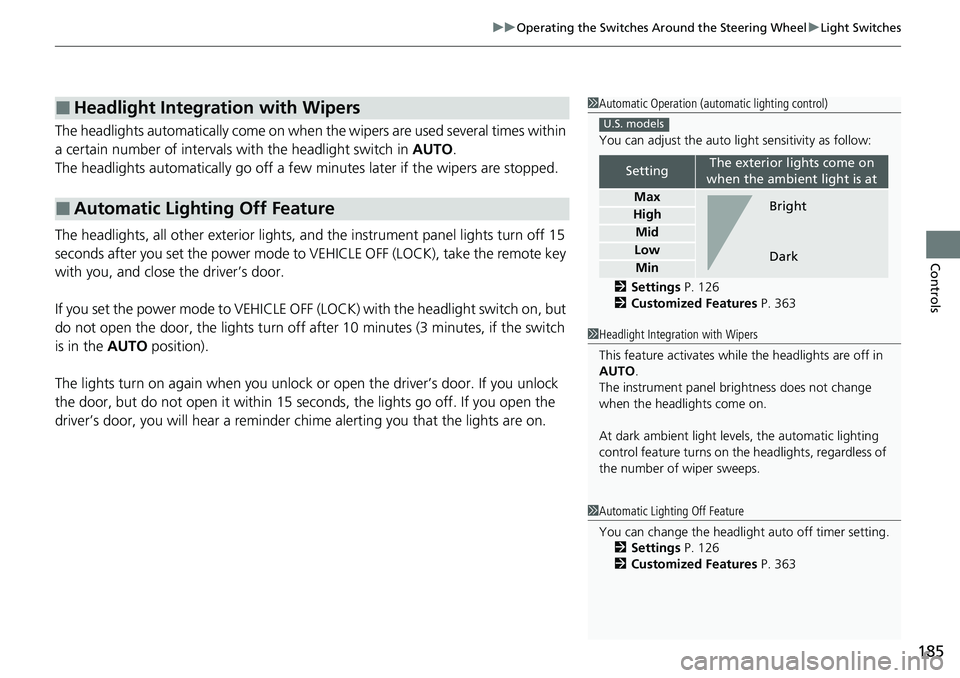 HONDA CIVIC 2022 Owners Manual 185
uuOperating the Switches Around the Steering Wheel uLight Switches
Controls
The headlights automatically come on when th e wipers are used several times within
a certain number of intervals with HONDA CIVIC 2022 Owners Manual 185
uuOperating the Switches Around the Steering Wheel uLight Switches
Controls
The headlights automatically come on when th e wipers are used several times within
a certain number of intervals with