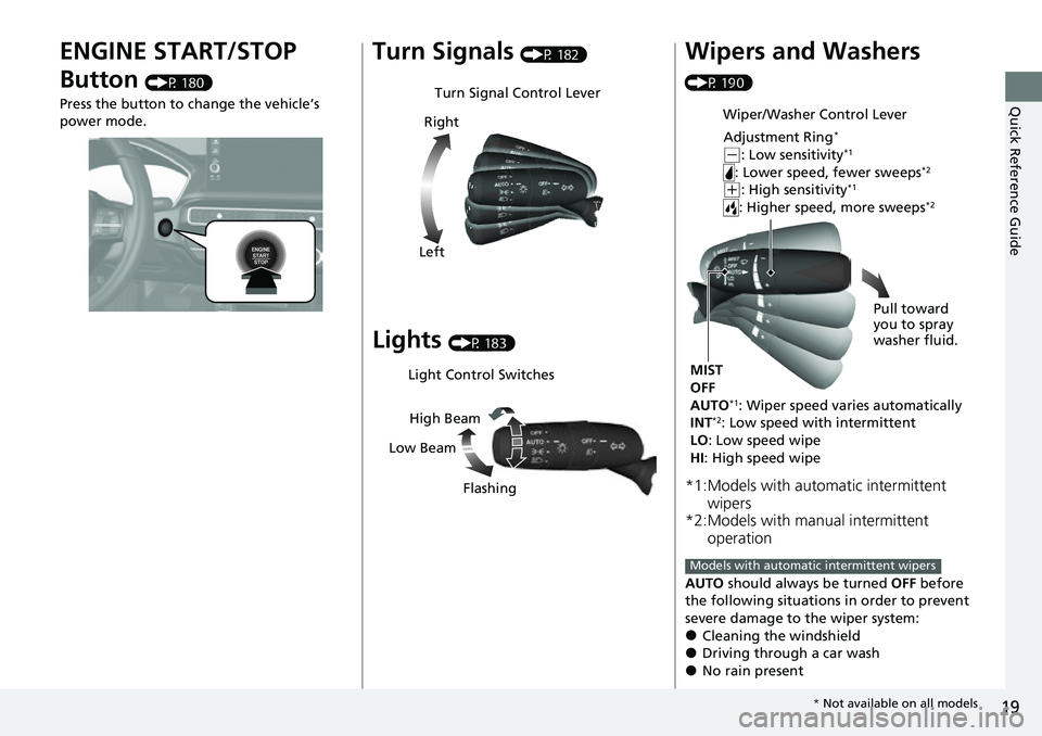 HONDA CIVIC 2022 User Guide 19
Quick Reference Guide
ENGINE START/STOP 
Button 
(P 180)
Press the button to change the vehicle’s 
power mode.
Turn Signals (P 182)
Lights (P 183)
Turn Signal Control Lever
Right
Left
Light Contr