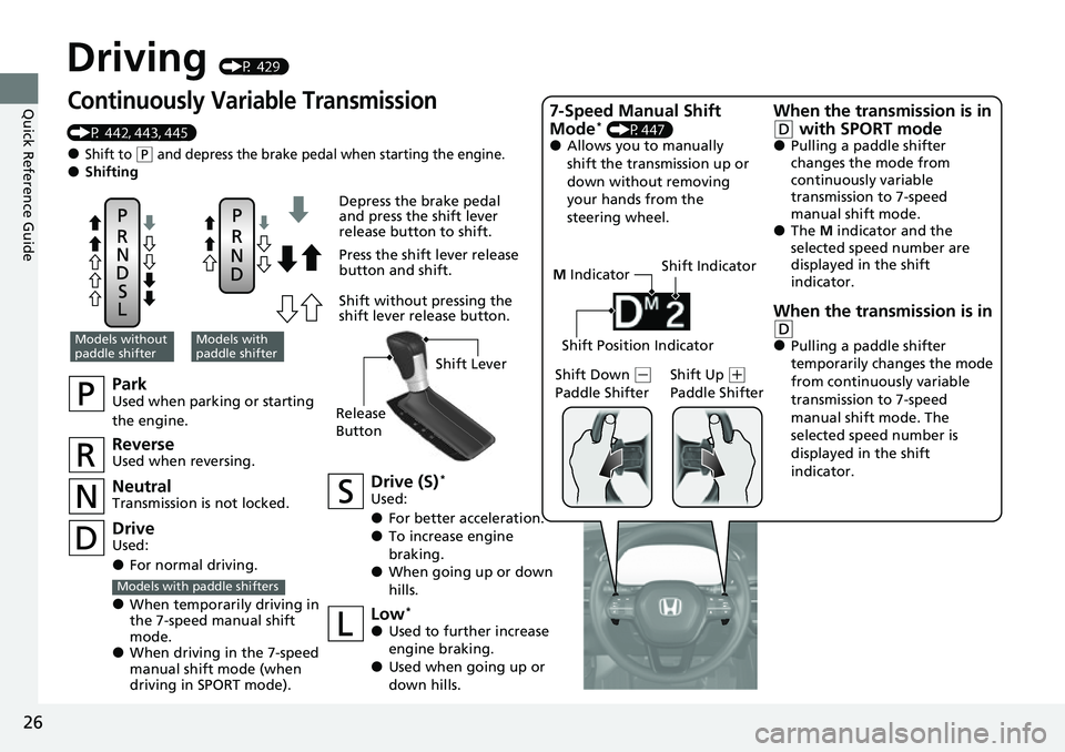 HONDA CIVIC 2022 Owners Manual 26
Quick Reference Guide
Driving (P 429)
Continuously Variable Transmission 
(P 442, 443, 445)
●Shift to (P and depress the brake peda l when starting the engine.●Shifting
M Indicator
ParkUsed whe