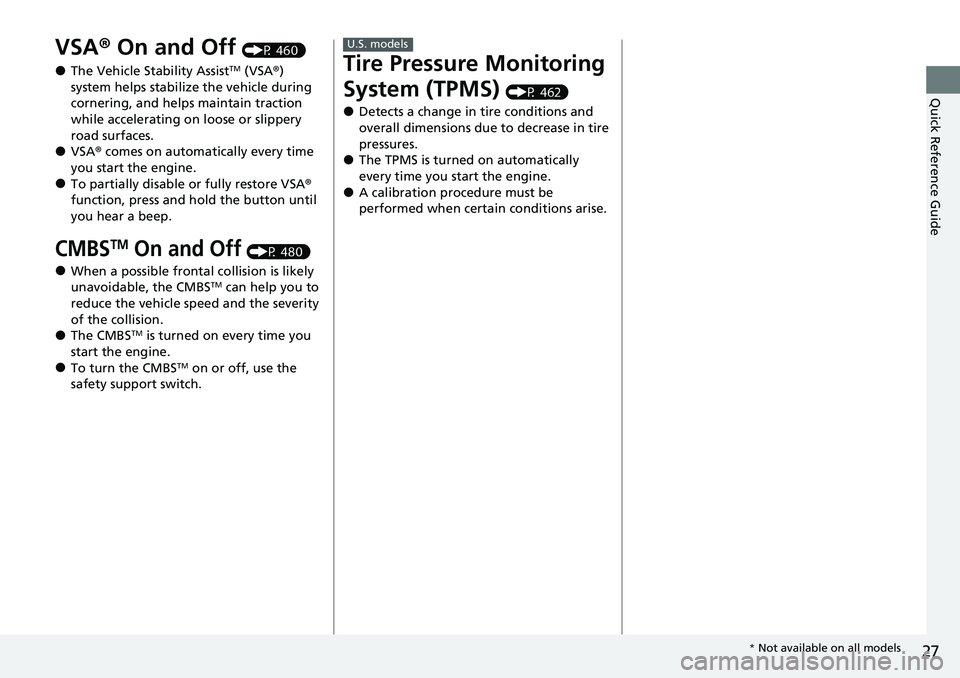 HONDA CIVIC 2022 Owners Manual 27
Quick Reference Guide
VSA® On and Off (P 460)
●The Vehicle Stability AssistTM (VSA® ) 
system helps stabilize the vehicle during 
cornering, and helps maintain traction 
while accelerating on l