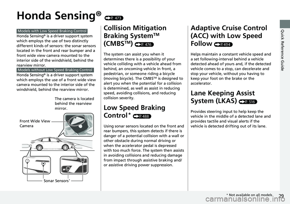 HONDA CIVIC 2022 Owners Manual 29
Quick Reference Guide
Honda Sensing® (P 473)
Honda Sensing ® is a driver support system 
which employs the use of two distinctly 
different kinds of sens ors: the sonar sensors 
located in the fr