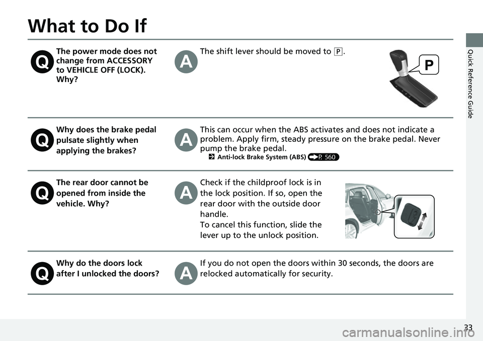 HONDA CIVIC 2022 Owners Guide 33
Quick Reference Guide
What to Do If
The power mode does not
change from ACCESSORY
to VEHICLE OFF (LOCK).
Why?The shift lever should be moved to (P.
Why does the brake pedal
pulsate slightly whe HONDA CIVIC 2022 Owners Guide 33
Quick Reference Guide
What to Do If
The power mode does not
change from ACCESSORY
to VEHICLE OFF (LOCK).
Why?The shift lever should be moved to (P.
Why does the brake pedal
pulsate slightly whe