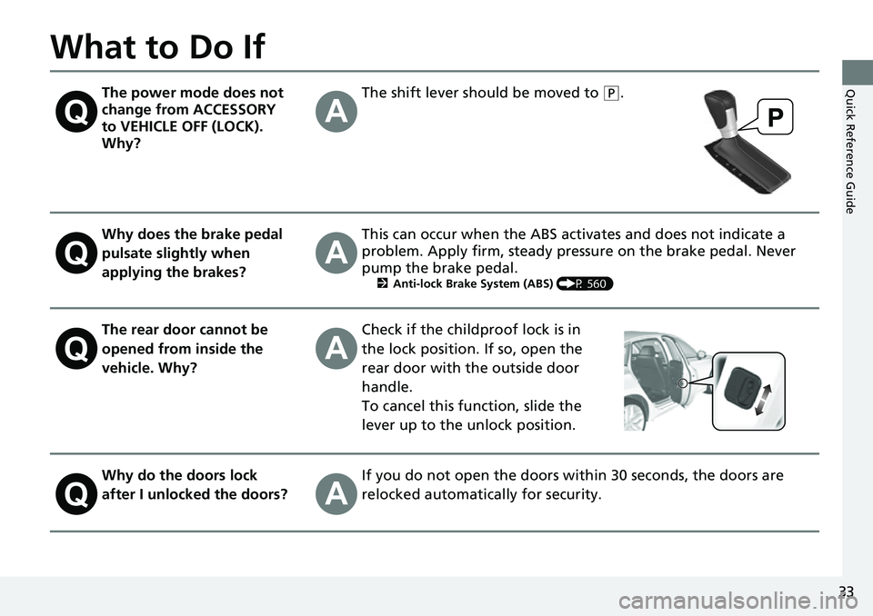 HONDA CIVIC 2022  Owners Manual 33
Quick Reference Guide
What to Do If
The power mode does not 
change from ACCESSORY 
to VEHICLE OFF (LOCK). 
Why?The shift lever should be moved to (P.
Why does the brake pedal 
pulsate slightly whe