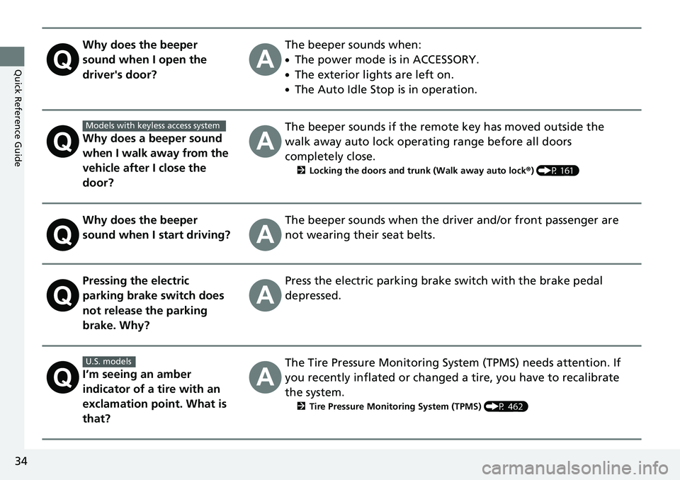 HONDA CIVIC 2022 Owners Guide 34
Quick Reference Guide
Why does the beeper
sound when I open the
driver's door?The beeper sounds when:
●The power mode is in ACCESSORY.
●The exterior lights are left on.
●The Auto Idle S HONDA CIVIC 2022 Owners Guide 34
Quick Reference Guide
Why does the beeper
sound when I open the
driver's door?The beeper sounds when:
●The power mode is in ACCESSORY.
●The exterior lights are left on.
●The Auto Idle S