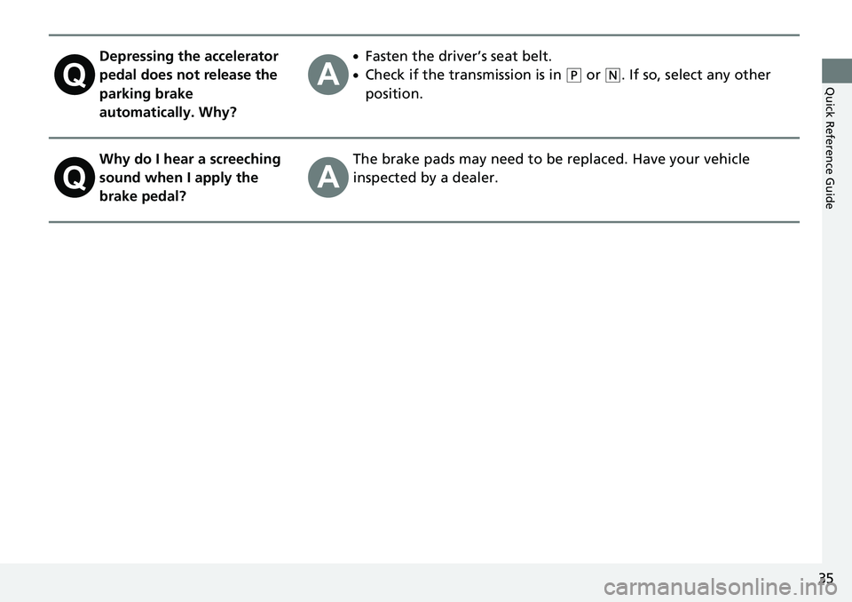 HONDA CIVIC 2022 Owners Guide 35
Quick Reference Guide
Depressing the accelerator
pedal does not release the
parking brake
automatically. Why?●Fasten the driver’s seat belt.
●Check if the transmission is in (P or (N. If s HONDA CIVIC 2022 Owners Guide 35
Quick Reference Guide
Depressing the accelerator
pedal does not release the
parking brake
automatically. Why?●Fasten the driver’s seat belt.
●Check if the transmission is in (P or (N. If s