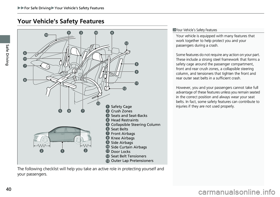 HONDA CIVIC 2022 Service Manual 40
uuFor Safe Driving uYour Vehicle’s Safety Features
Safe Driving
Your Vehicle’s Safety Features
The following checklist will help you take an active role in protecting yourself and
your passen HONDA CIVIC 2022 Service Manual 40
uuFor Safe Driving uYour Vehicle’s Safety Features
Safe Driving
Your Vehicle’s Safety Features
The following checklist will help you take an active role in protecting yourself and
your passen
