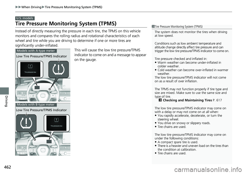HONDA CIVIC 2022 Owners Manual 462
uuWhen Driving uTire Pressure Monitoring System (TPMS)
Driving
Tire Pressure Monitoring System (TPMS)
Instead of directly measuring the pressu re in each tire, the TPMS on this vehicle
monitors a HONDA CIVIC 2022 Owners Manual 462
uuWhen Driving uTire Pressure Monitoring System (TPMS)
Driving
Tire Pressure Monitoring System (TPMS)
Instead of directly measuring the pressu re in each tire, the TPMS on this vehicle
monitors a