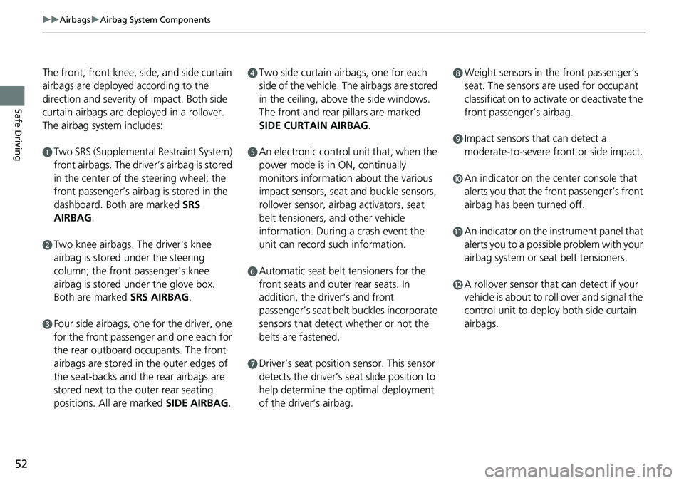 HONDA CIVIC 2022  Owners Manual 52
uuAirbags uAirbag System Components
Safe Driving
The front, front knee, si de, and side curtain 
airbags are deployed  according to the 
direction and severity of impact. Both side 
curtain airbags