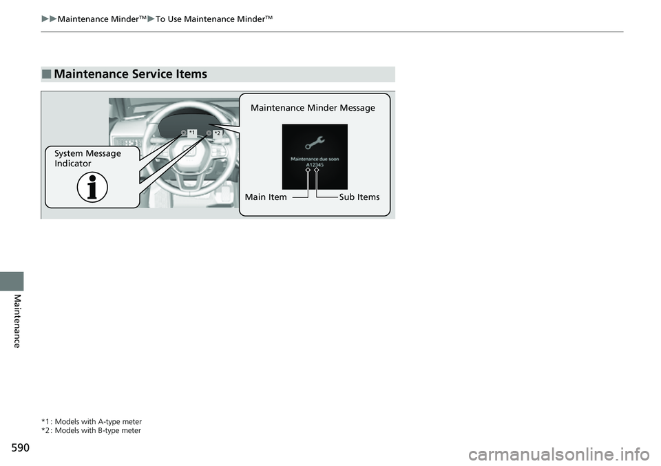 HONDA CIVIC 2022 Owners Manual 590
uuMaintenance MinderTMuTo Use Maintenance MinderTM
Maintenance
*1 : Models with A-type meter
*2 : Models with B-type meter
■Maintenance Service Items
Maintenance Minder Message
System Message
I HONDA CIVIC 2022 Owners Manual 590
uuMaintenance MinderTMuTo Use Maintenance MinderTM
Maintenance
*1 : Models with A-type meter
*2 : Models with B-type meter
■Maintenance Service Items
Maintenance Minder Message
System Message
I
