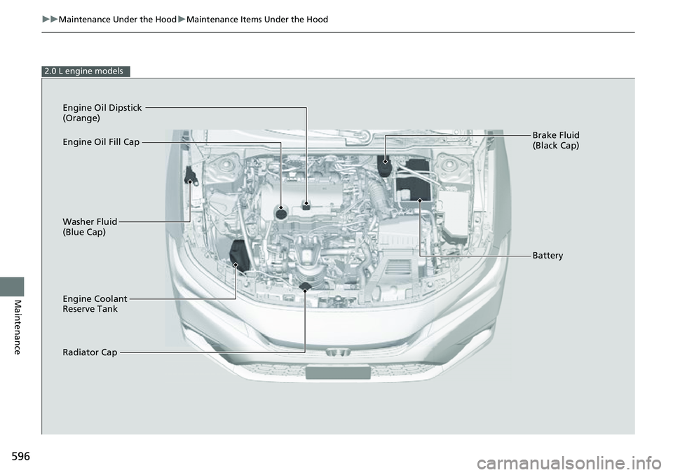 HONDA CIVIC 2022  Owners Manual 596
uuMaintenance Under the Hood uMaintenance Items Under the Hood
Maintenance
2.0 L engine models
Brake Fluid 
(Black Cap)
Washer Fluid 
(Blue Cap) Engine Oil Dipstick 
(Orange)
Battery
Radiator Cap
