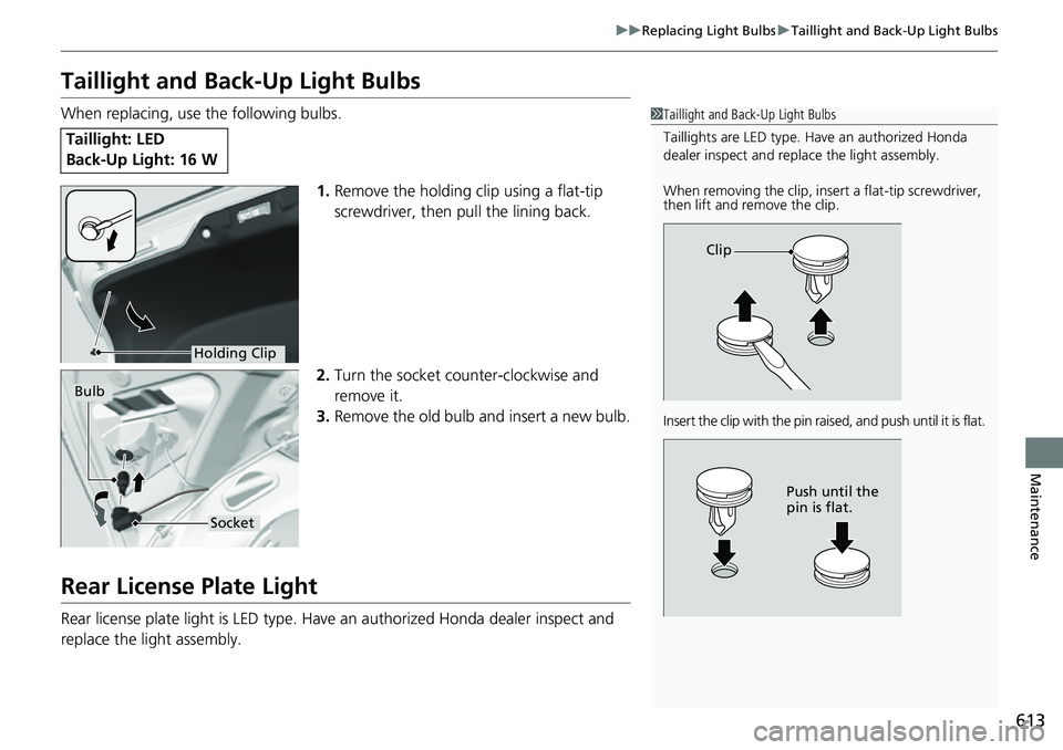 HONDA CIVIC 2022 Owners Manual 613
uuReplacing Light Bulbs uTaillight and Back-Up Light Bulbs
Maintenance
Taillight and Back-Up Light Bulbs
When replacing, use the following bulbs.
1.Remove the holding clip using a flat-tip
screwd HONDA CIVIC 2022 Owners Manual 613
uuReplacing Light Bulbs uTaillight and Back-Up Light Bulbs
Maintenance
Taillight and Back-Up Light Bulbs
When replacing, use the following bulbs.
1.Remove the holding clip using a flat-tip
screwd