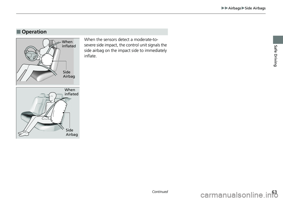 HONDA CIVIC 2022 Repair Manual 63
uuAirbags uSide Airbags
Continued
Safe DrivingWhen the sensors detect a moderate-to-
severe side impact, the control unit signals the
side airbag on the impact side to immediately
inflate.
■Ope HONDA CIVIC 2022 Repair Manual 63
uuAirbags uSide Airbags
Continued
Safe DrivingWhen the sensors detect a moderate-to-
severe side impact, the control unit signals the
side airbag on the impact side to immediately
inflate.
■Ope