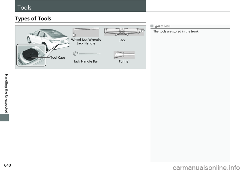 HONDA CIVIC 2022  Owners Manual 640
Handling the Unexpected
Tools
Types of Tools
1Types of Tools
The tools are stored in the trunk.
Wheel Nut Wrench/
Jack Handle Jack
Jack Handle Bar
Tool CaseFunnel 