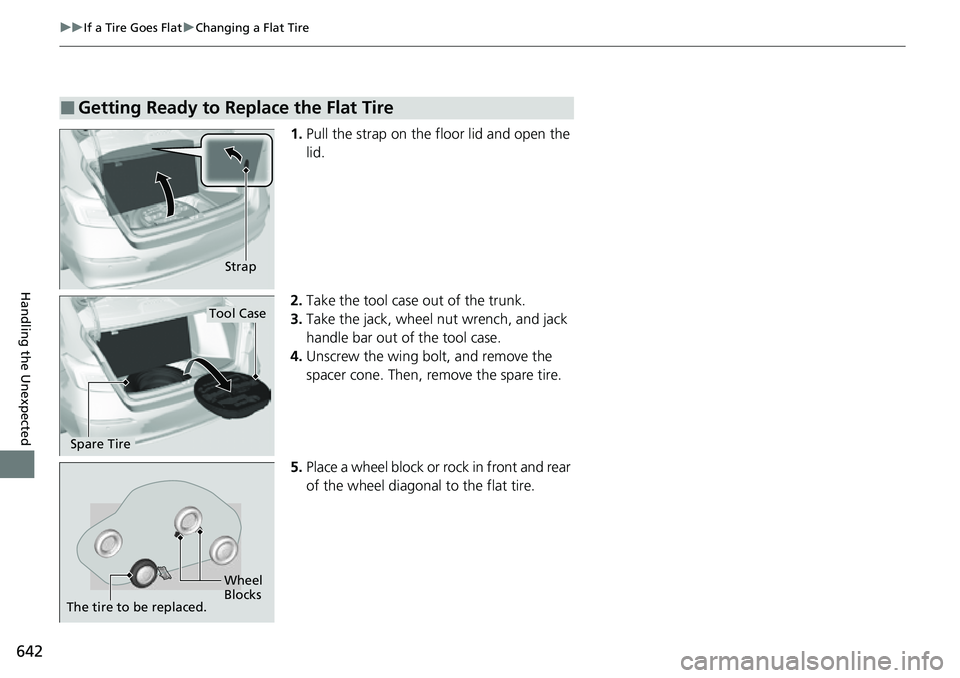HONDA CIVIC 2022  Owners Manual 642
uuIf a Tire Goes Flat uChanging a Flat Tire
Handling the Unexpected
1. Pull the strap on the floor lid and open the 
lid.
2. Take the tool case out of the trunk.
3. Take the jack, wheel nut wrench