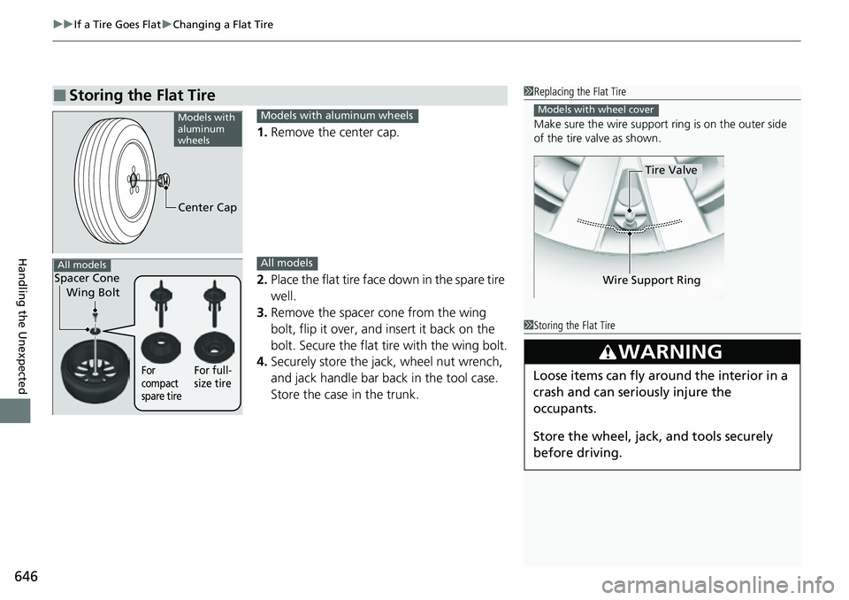 HONDA CIVIC 2022  Owners Manual uuIf a Tire Goes Flat uChanging a Flat Tire
646
Handling the Unexpected
1. Remove the center cap.
2. Place the flat tire face down in the spare tire 
well.
3. Remove the spacer  cone from the wing 
bo