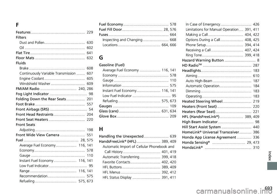 HONDA CIVIC 2022  Owners Manual 693
Index
F
Features....................................................  229
Filters Dust and Pollen.......................................  630
Oil ..................................................