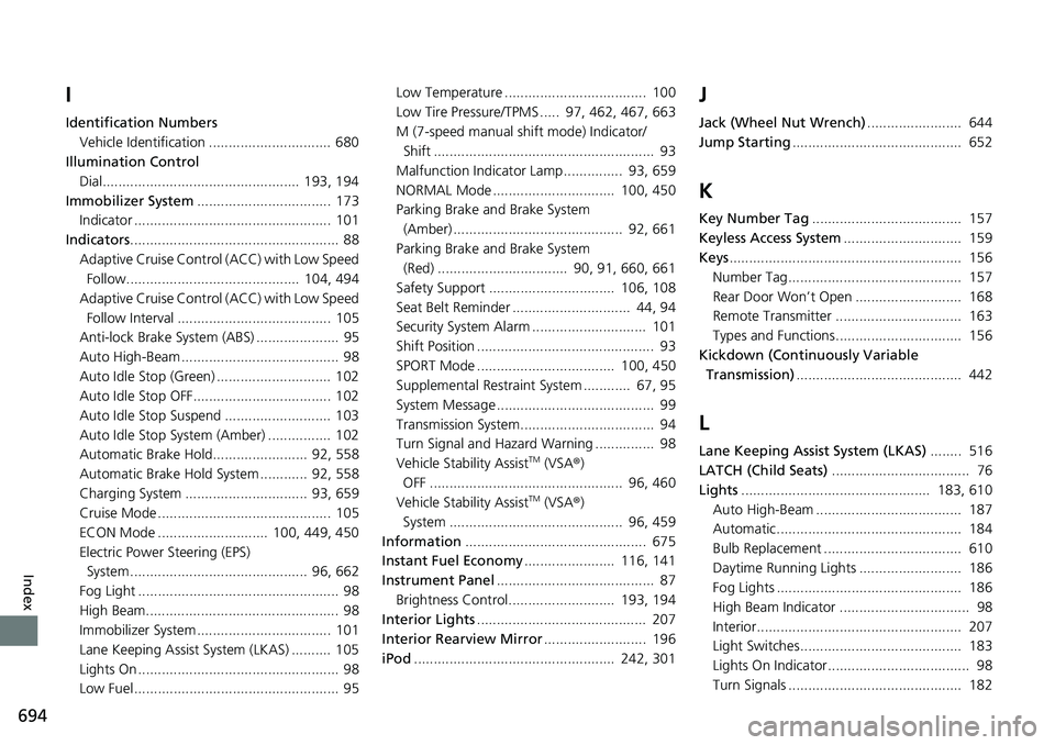 HONDA CIVIC 2022  Owners Manual 694
Index
I
Identification NumbersVehicle Identification ............................... 680
Illumination Control Dial..................................................  193, 194
Immobilizer System ..