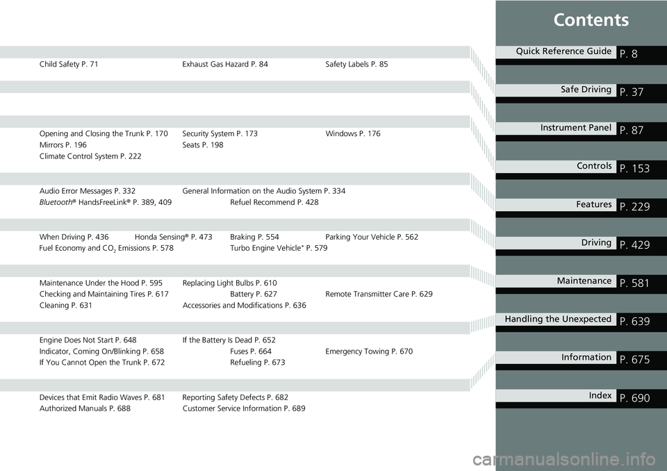 HONDA CIVIC 2022 Owners Manual Contents
Child Safety P. 71Exhaust Gas Hazard P. 84Safety Labels P. 85
Opening and Closing the Trunk P. 170 Security System P. 173 Windows P. 176
Mirrors P. 196 Seats P. 198
Climate Control System P. HONDA CIVIC 2022 Owners Manual Contents
Child Safety P. 71Exhaust Gas Hazard P. 84Safety Labels P. 85
Opening and Closing the Trunk P. 170 Security System P. 173 Windows P. 176
Mirrors P. 196 Seats P. 198
Climate Control System P.