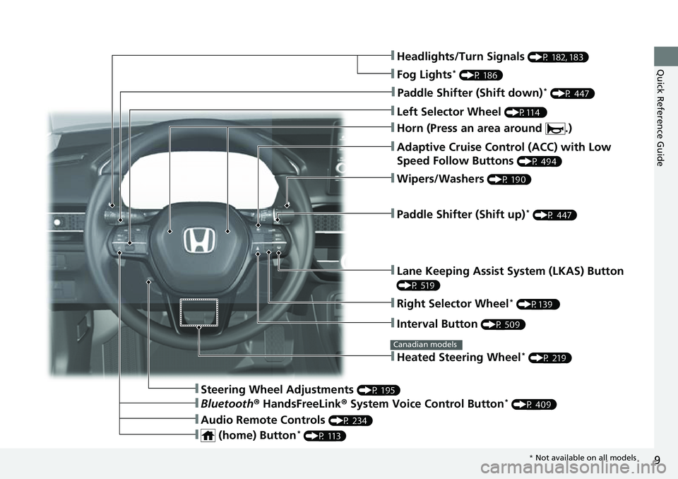 HONDA CIVIC 2022 Owners Manual 9
Quick Reference Guide❚Headlights/Turn Signals (P 182, 183)
❚Fog Lights* (P 186)
❚Paddle Shifter (Shift down)* (P 447)
❚Left Selector Wheel (P114 )
❚Adaptive Cruise Control (ACC) with Low
HONDA CIVIC 2022 Owners Manual 9
Quick Reference Guide❚Headlights/Turn Signals (P 182, 183)
❚Fog Lights* (P 186)
❚Paddle Shifter (Shift down)* (P 447)
❚Left Selector Wheel (P114 )
❚Adaptive Cruise Control (ACC) with Low