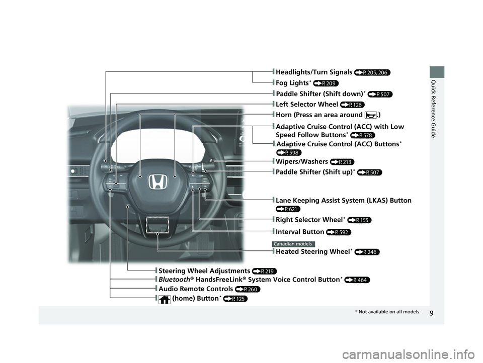 HONDA CIVIC 2023 User Guide 9
Quick Reference Guide❚Headlights/Turn Signals (P205, 206)
❚Fog Lights* (P209)
❚Paddle Shifter (Shift down)* (P507)
❚Left Selector Wheel (P126)
❚Adaptive Cruise Control (ACC) with Low 
Spee