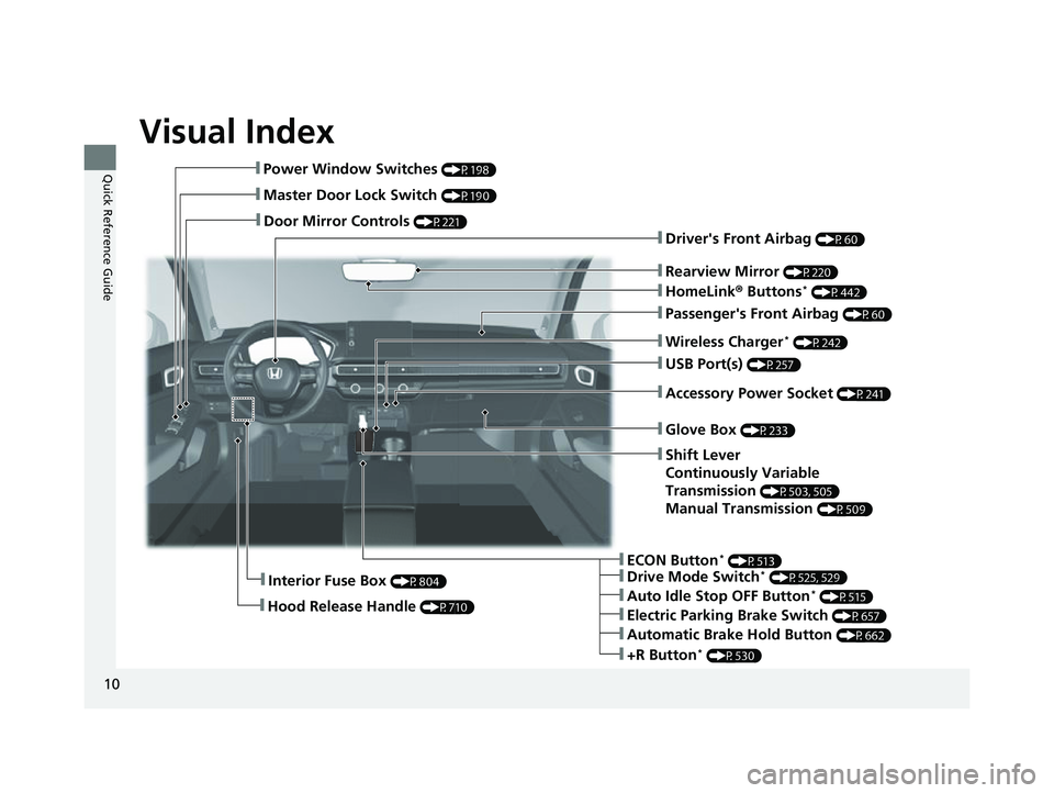 HONDA CIVIC 2023  Owners Manual Visual Index
10
Quick Reference Guide❚Power Window Switches (P198)
❚Master Door Lock Switch (P190)
❚Door Mirror Controls (P221)
❚Interior Fuse Box (P804)
❚Hood Release Handle (P710)
❚Drive