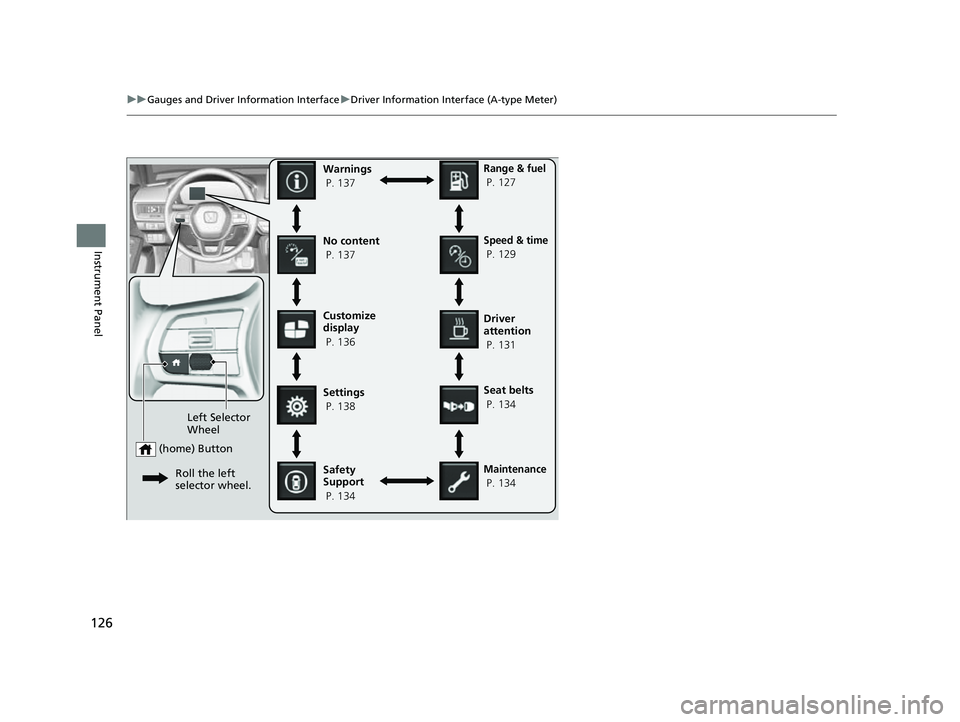 HONDA CIVIC 2023  Owners Manual 126
uuGauges and Driver Information Interface uDriver Information Interface (A-type Meter)
Instrument Panel
Customize 
display
 P. 136
Left Selector 
Wheel
 (home) Button
Roll the left 
selector wheel
