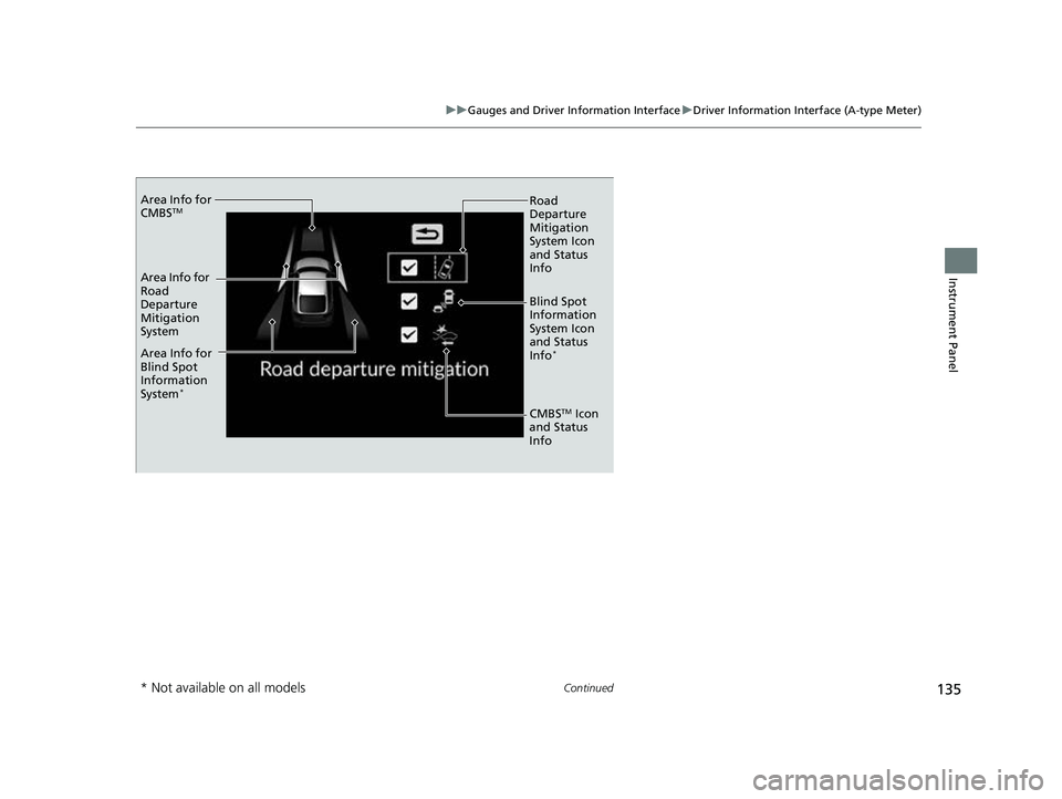 HONDA CIVIC 2023  Owners Manual 135
uuGauges and Driver Information Interface uDriver Information Interface (A-type Meter)
Continued
Instrument Panel
Area Info for 
CMBSTM
Area Info for 
Road 
Departure 
Mitigation 
System
Area Info