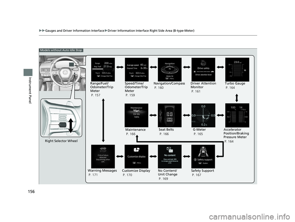 HONDA CIVIC 2023  Owners Manual 156
uuGauges and Driver Information Interface uDriver Information Interface Right Side Area (B-type-Meter)
Instrument Panel
Right Selector Wheel Driver Attention 
Monitor
 P. 161
G-Meter
 P. 165
Accel