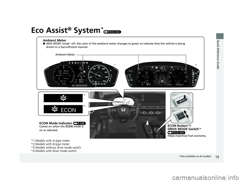 HONDA CIVIC 2023 User Guide 15
Quick Reference Guide
Eco Assist® System*(P513, 525)
*1:Models with A-type meter
*2:Models with B-type meter
*3:Models without drive mode switch
*4:Models with drive mode switch
Ambient Meter●Wi