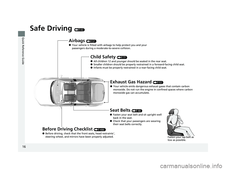 HONDA CIVIC 2023 User Guide 16
Quick Reference Guide
Safe Driving (P43)
Airbags (P57)
●Your vehicle is fitted with airbags to help protect you and your 
passengers during a moderate-to-severe collision.
Child Safety (P77)
●A