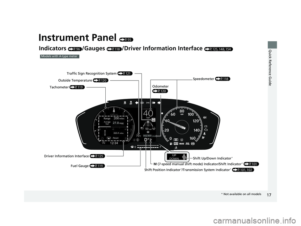 HONDA CIVIC 2023 User Guide 17
Quick Reference Guide
Instrument Panel (P95)
Indicators (P96)/Gauges (P118)/Driver Information Interface (P125, 148, 154)
M  (7-speed manual shift mode ) Indicator/Shift Indicator
* (P101)
Models w