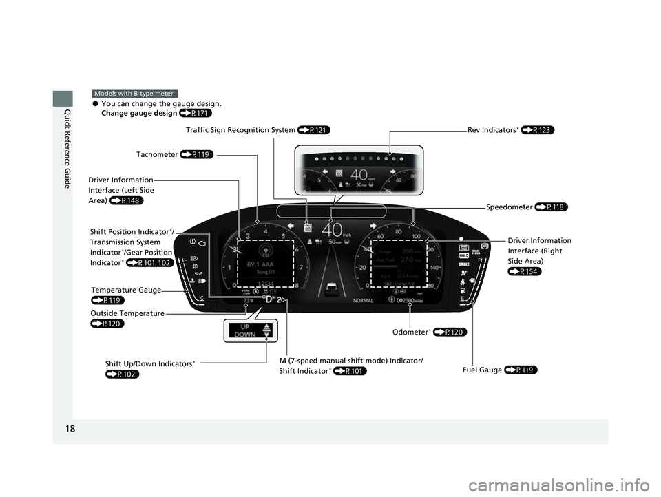 HONDA CIVIC 2023 User Guide 18
Quick Reference Guide
M (7-speed manual shift mode) Indicator/
Shift Indicator*  (P101)
●You can change the gauge design.
Change gauge design  (P171)
Models with B-type meter
Shift Position Indic