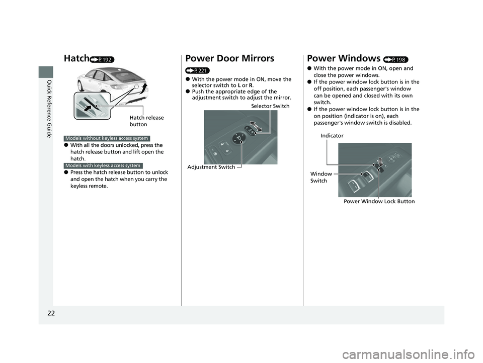 HONDA CIVIC 2023 Owners Manual 22
Quick Reference Guide
Hatch(P192)
●With all the doors unlocked, press the 
hatch release button and lift open the 
hatch.
●Press the hatch release button to unlock 
and open the hatch when you 