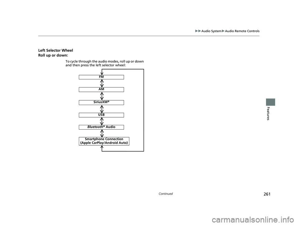 HONDA CIVIC 2023  Owners Manual 261
uuAudio System uAudio Remote Controls
Continued
Features
Left Selector Wheel
Roll up or down:
FM
AM
SiriusXM ®
To cycle through the audio modes, roll up or down 
and then press the left selector 