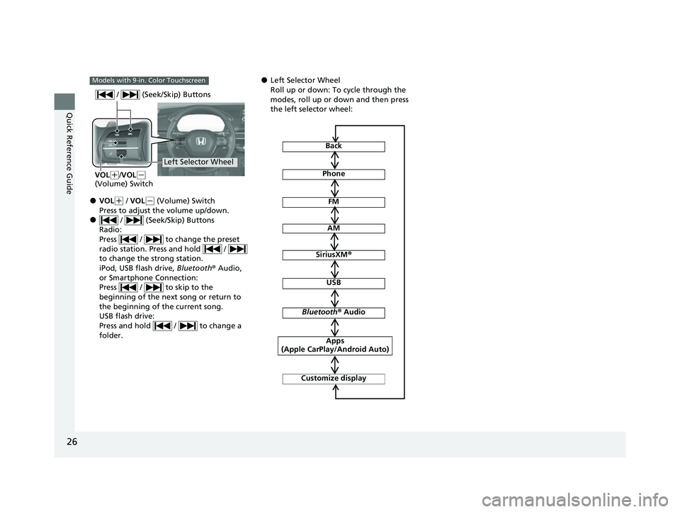 HONDA CIVIC 2023 Owners Manual 26
Quick Reference Guide
●VOL(+ /  VOL(- (Volume) Switch
Press to adjust the volume up/down.
● /   (Seek/Skip) Buttons 
Radio:
Press   /   to change the preset 
radio station. Press and hold   /  
