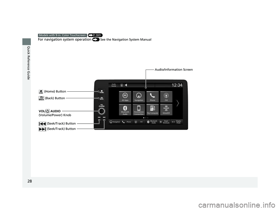 HONDA CIVIC 2023 Owners Manual 28
Quick Reference Guide
VOL/ AUDIO  
(Volume/Power) Knob
 (Home) Button
 (Back) Button
Audio/Information Screen
 (Seek/Track) Button
 (Seek/Track) Button
  (P289)
For navigation system operation ()  