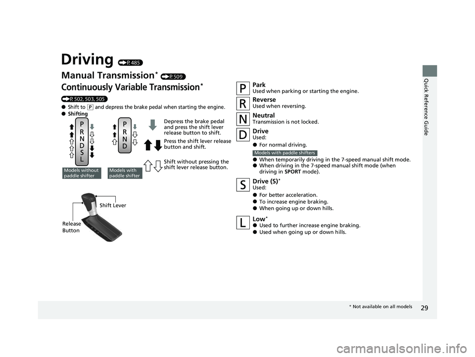 HONDA CIVIC 2023 Owners Manual 29
Quick Reference Guide
Driving (P485)
Manual Transmission* (P509)
Continuously Variable Transmission*
(P502, 503, 505)
●Shift to (P and depress the brake pedal when starting the engine.●Shiftin HONDA CIVIC 2023 Owners Manual 29
Quick Reference Guide
Driving (P485)
Manual Transmission* (P509)
Continuously Variable Transmission*
(P502, 503, 505)
●Shift to (P and depress the brake pedal when starting the engine.●Shiftin