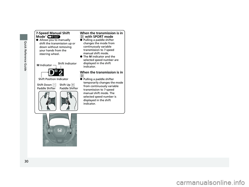 HONDA CIVIC 2023 Owners Guide 30
Quick Reference Guide
M Indicator
Shift Down
( -
Paddle Shifter Shift Up (
+
Paddle Shifter
7-Speed Manual Shift
Mode* (P507)●Allows you to manually
shift the transmission up or
down withou HONDA CIVIC 2023 Owners Guide 30
Quick Reference Guide
M Indicator
Shift Down
( -
Paddle Shifter Shift Up (
+
Paddle Shifter
7-Speed Manual Shift
Mode* (P507)●Allows you to manually
shift the transmission up or
down withou