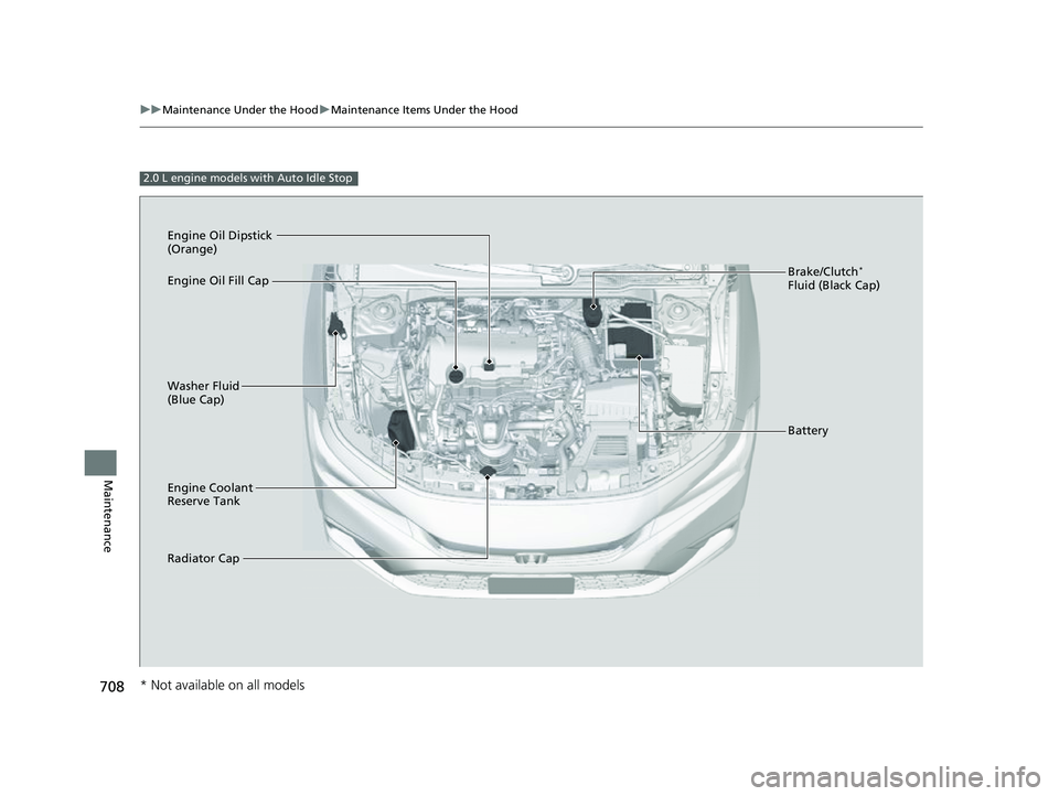HONDA CIVIC 2023  Owners Manual 708
uuMaintenance Under the Hood uMaintenance Items Under the Hood
Maintenance
2.0 L engine models with Auto Idle Stop
Brake/Clutch* 
Fluid (Black Cap)
Washer Fluid 
(Blue Cap) Engine Oil Dipstick 
(O