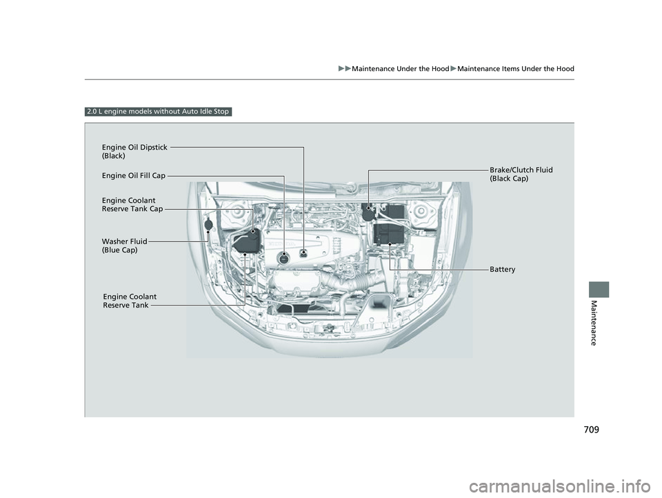 HONDA CIVIC 2023  Owners Manual 709
uuMaintenance Under the Hood uMaintenance Items Under the Hood
Maintenance
2.0 L engine models without Auto Idle Stop
Brake/Clutch Fluid 
(Black Cap)
Washer Fluid 
(Blue Cap) Engine Oil Dipstick 
