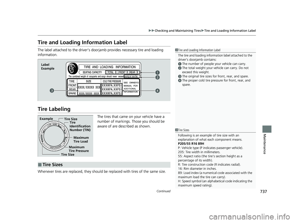 HONDA CIVIC 2023  Owners Manual 737
uuChecking and Maintaining Tires uTire and Loading Information Label
Continued
Maintenance
Tire and Loading Information Label
The label attached to the dr iver's doorjamb provides necessary ti